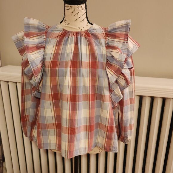 Ulla Johnson Caasi 100% Cotton Ruffled Plaid Blouse in Colorful Madras, Sz 6 - Picture 3 of 14